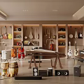 Musical Instruments And Art Supplies Display Room With Hanging Guitars Violins Drums And Piano