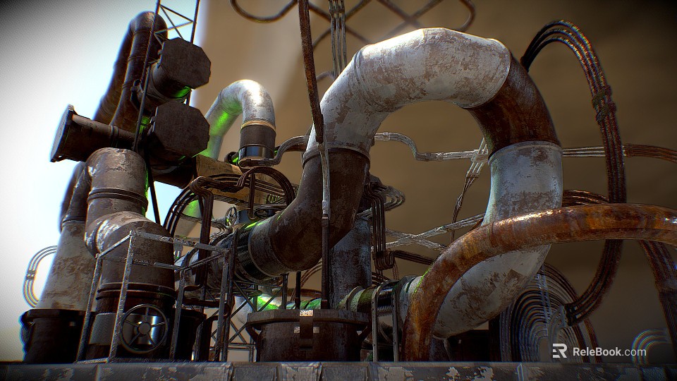 Rusty Industrial Pipes System With Metal Supports And Complex Connections Layout 3d model 