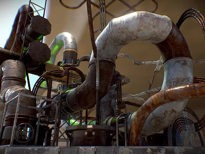Rusty Industrial Pipes System With Metal Supports And Complex Connections Layout 3d model