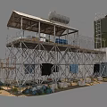 Industrial Tower with Metal Frame Platform and Storage Tank Surrounded by Equipment and Stacked Items