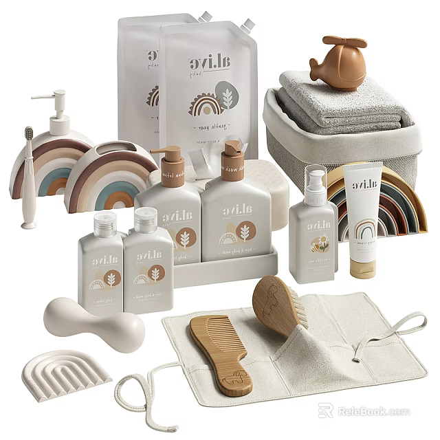 Modern Bathroom Accessories Set With Wooden Brushes Towels And Soap Dispensers 3d model 