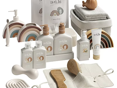 Modern Bathroom Accessories Set With Wooden Brushes Towels And Soap Dispensers 3d model