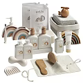 Modern Bathroom Accessories Set With Wooden Brushes Towels And Soap Dispensers