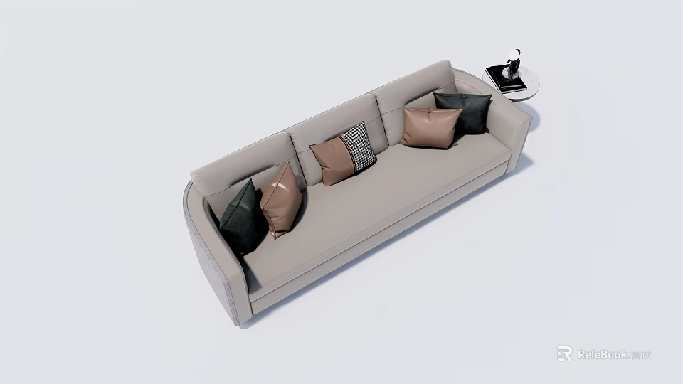 Light Gray Multi Seater Sofa with Brown Black and Patterned Cushions and Small Side Table 3d model