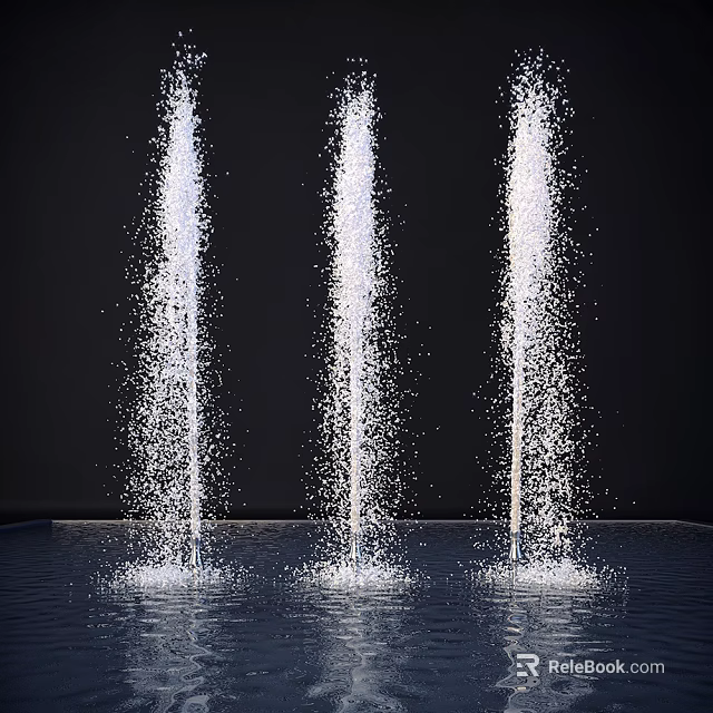 Three Garden Fountains With Spraying Water And Splashing Drops On Dark Background 3d model 