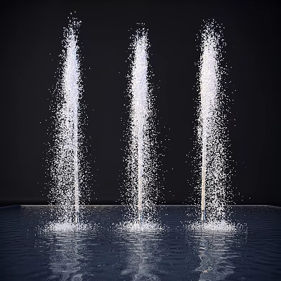 Three Garden Fountains With Spraying Water And Splashing Drops On Dark Background 3d model
