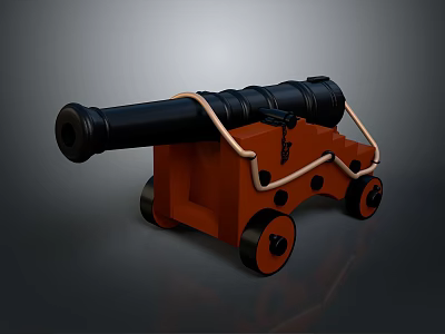 Vintage Military Cannon With Black Barrel Orange Carriage And Wheels 3d model