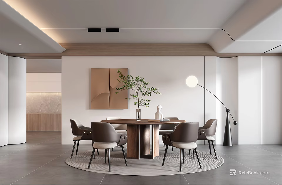 Modern Minimalist Luxury Restaurant With Round Wooden Table Grey Chairs Green Plants And Floor Lamp 3d model 