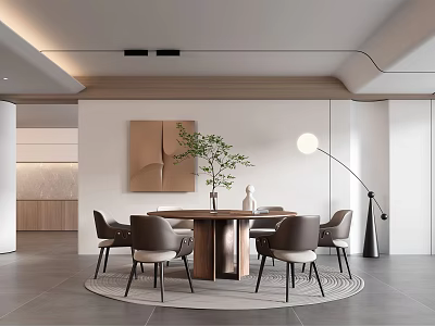 Modern Minimalist Luxury Restaurant With Round Wooden Table Grey Chairs Green Plants And Floor Lamp 3d model