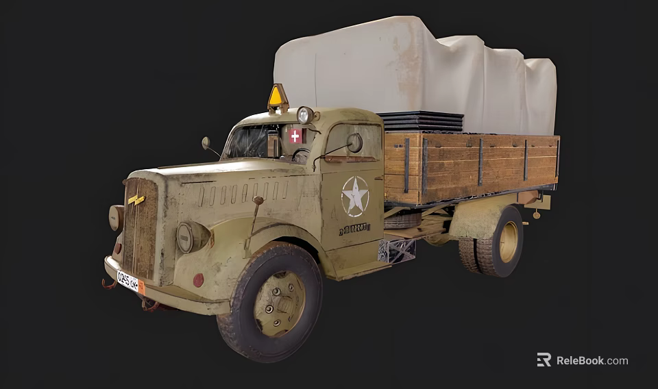 Olive Green Military Truck With White Star Emblem Wooden Cargo Bed And White Canvas Cover 3d model 