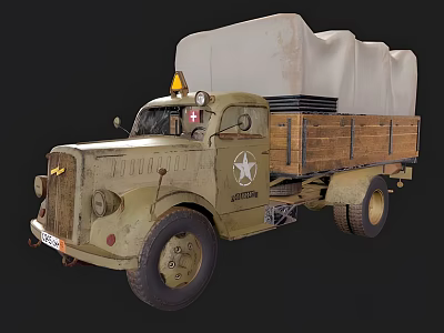 Olive Green Military Truck With White Star Emblem Wooden Cargo Bed And White Canvas Cover 3d model