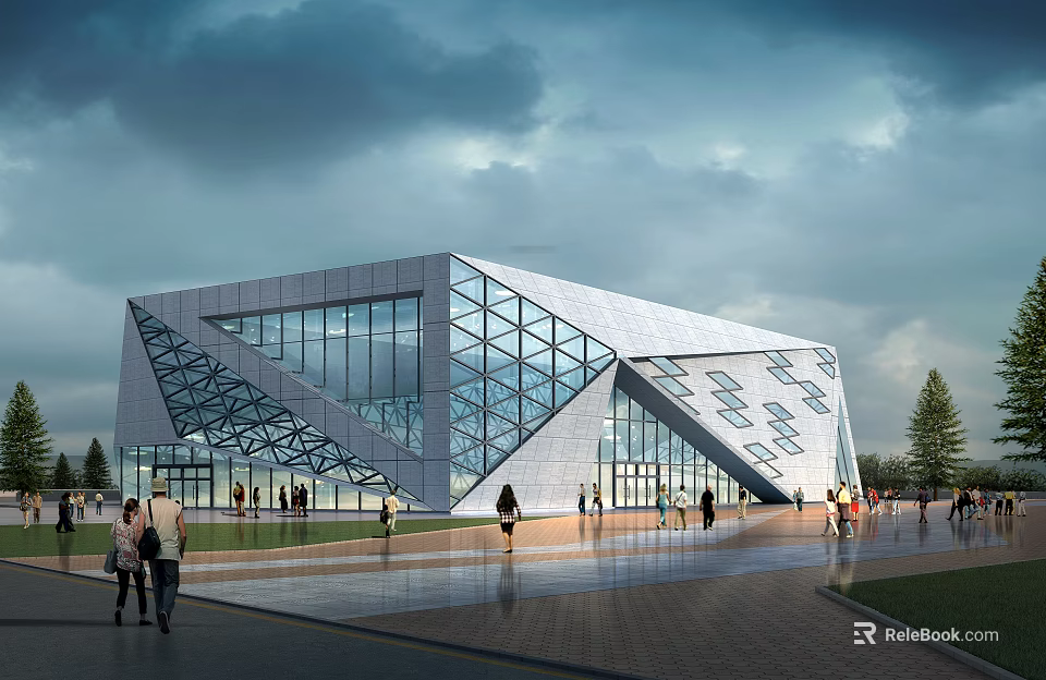 Contemporary Geometric Public Building With Glass Facade Urban Square And Pedestrians 3d model 
