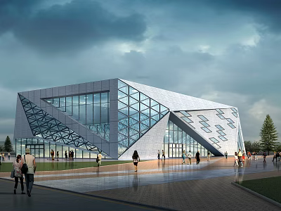 Contemporary Geometric Public Building With Glass Facade Urban Square And Pedestrians 3d model