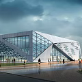 Contemporary Geometric Public Building With Glass Facade Urban Square And Pedestrians