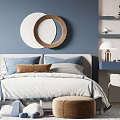 Kids Bedroom Interior With Blue Walls Round Mirror Bed Desk Chair Rug And Toys