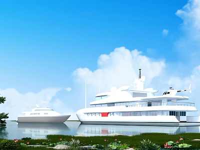 Luxury Large Yacht And Small Yacht On Waterfront With Blue Sky White Clouds Grass Flowers 3d model