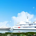 Luxury Large Yacht And Small Yacht On Waterfront With Blue Sky White Clouds Grass Flowers