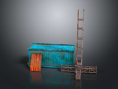 Rustic Blue Metal Shed Scene With Orange Door Rusted Ladder And Metal Frame 3d model