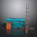 Rustic Blue Metal Shed Scene With Orange Door Rusted Ladder And Metal Frame
