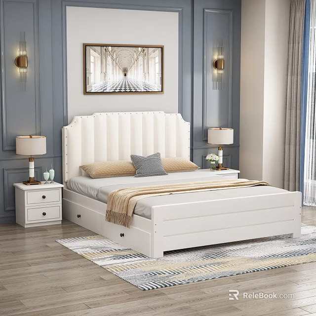 White Upholstered Double Bed With Nightstands Table Lamps Blue Walls And Area Rug 3d model 