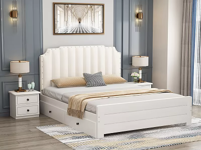 White Upholstered Double Bed With Nightstands Table Lamps Blue Walls And Area Rug 3d model
