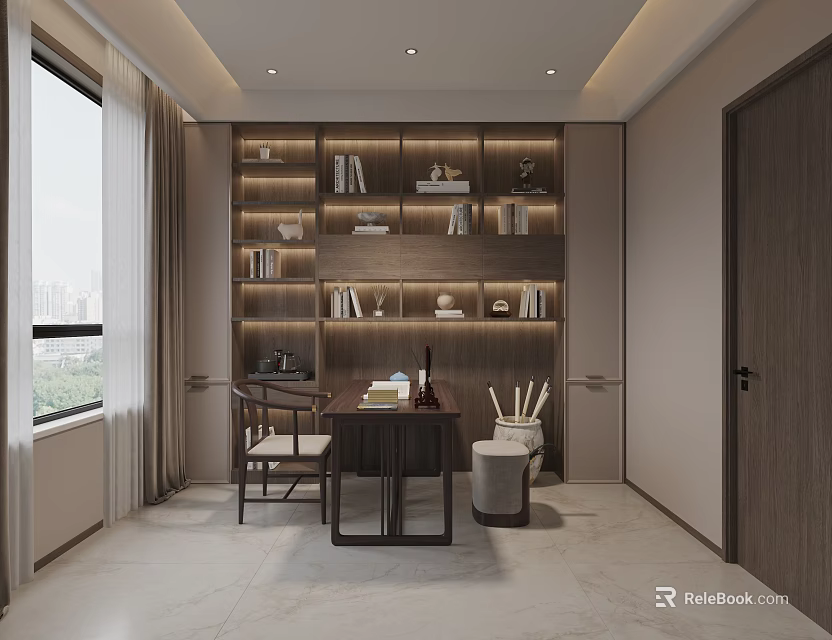 Elegant Modern Study Room Interior With Wooden Bookshelves Desk Chair Window And Natural Light 3d model 