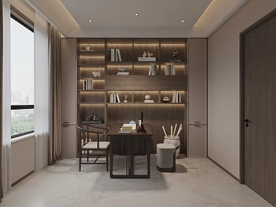 Elegant Modern Study Room Interior With Wooden Bookshelves Desk Chair Window And Natural Light 3d model
