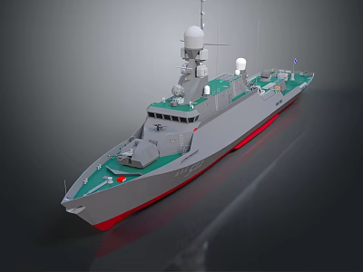 Modern Warship With Grey Hull Green Deck Red Bottom And Radar Antenna Design 3d model