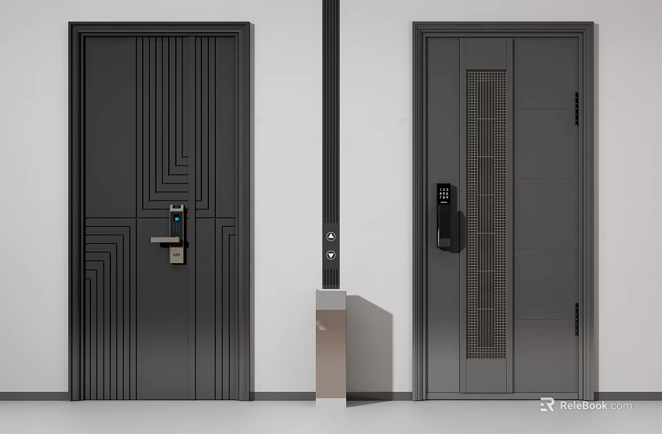 Modern Security Doors With Smart Lock Geometric Lines And Grille Design Features 3d model