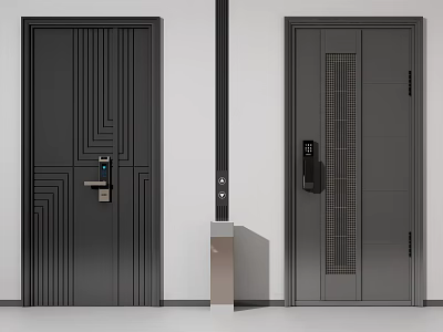 Modern Security Doors With Smart Lock Geometric Lines And Grille Design Features 3d model