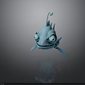 Blue Cartoon Fish with Big Eyes Sharp Teeth Fins and Lure
