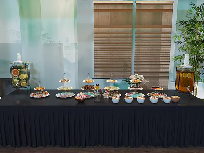 Coffee Break Area Featuring Black Tablecloth Tiered Dessert Stands Fresh Fruits And Beverages 3d model