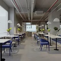 Warm Modern Cafe Interior With White Step Seats Blue Chairs Bookshelves Archways And Green Plants