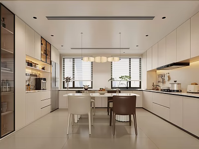 Modern Kitchen Interior Design With White Cabinets Island Dining Table And Natural Light From Windows 3d model