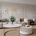 Elegant Modern Living Room Interior Featuring White Coffee Table Gold Legs Vase Flowers And Fruits