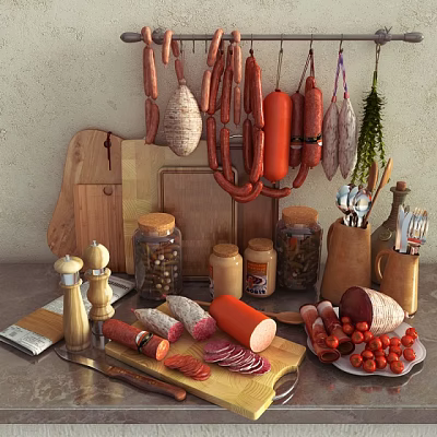 Traditional Kitchen Utensils Display With Hanging Sausages Wooden Cutting Board Jars And Cherry Tomatoes 3d model