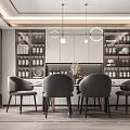 Modern Dining Table Set With Comfortable Chairs Hanging Lights And Glass Cabinets 3d model