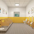Bright Kindergarten Classroom with Cloud Shaped Lights Yellow Walls and White Round Tables