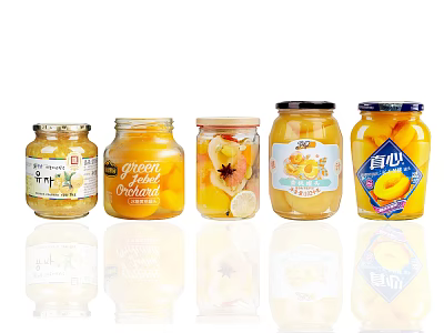 Assorted Glass Jars of Canned Fruits with Different Colorful Labels 3d model