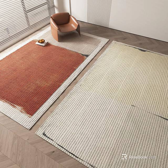 Stylish Square Rugs with Red and Cream Woven Texture on Wooden Living Room Floor 3d model 