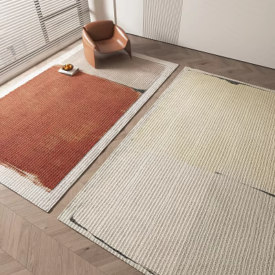 Stylish Square Rugs with Red and Cream Woven Texture on Wooden Living Room Floor 3d model