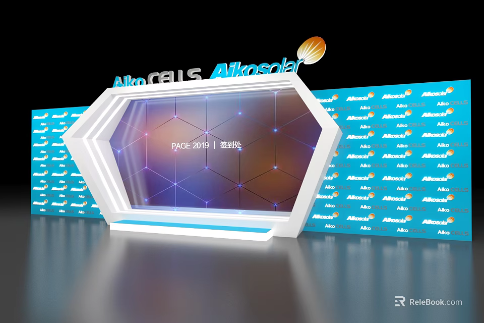 Alkonus Exhibition Hall with Hexagonal Display and Blue Backdrop Wall Featuring Innovation Future 3d model 