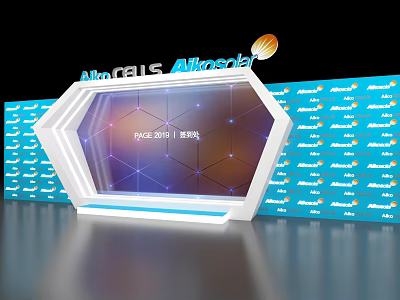 Alkonus Exhibition Hall with Hexagonal Display and Blue Backdrop Wall Featuring Innovation Future 3d model