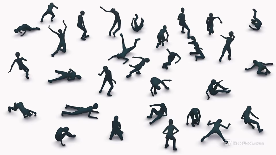 Multiple People Silhouettes in Various Dynamic Poses on Plain White Background 3d model