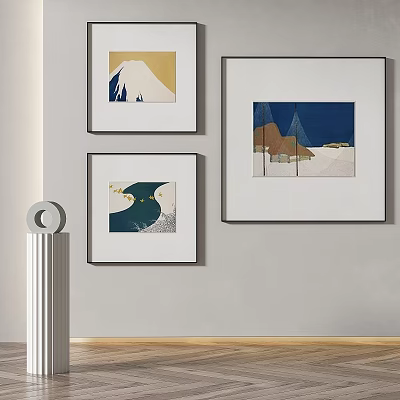 Three Framed Artworks Hanging on Gray Wall with White Decorative Sculpture 3d model