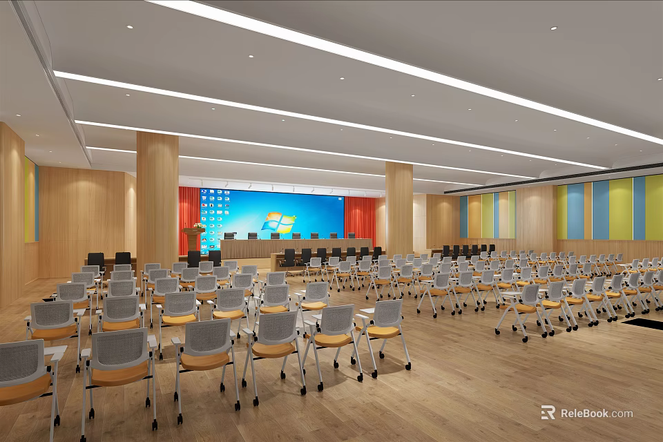 Spacious Bright Conference Room Interior With Arranged Chairs Large Blue Screen And Colorful Striped Walls 3d model 