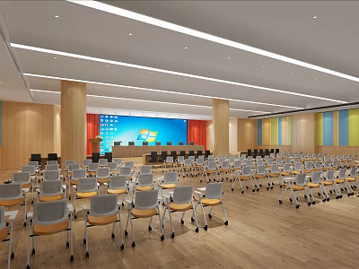 Spacious Bright Conference Room Interior With Arranged Chairs Large Blue Screen And Colorful Striped Walls 3d model