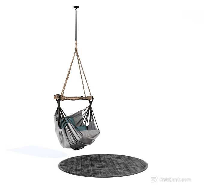 Cozy Hanging Chair With Rope Design And Gray Fabric Above Round Rug 3d model 