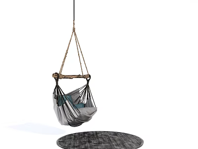 Cozy Hanging Chair With Rope Design And Gray Fabric Above Round Rug 3d model