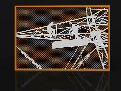 Decorative Partition With Orange Frame White Cutout Power Tower Structure Worker Silhouettes And Lightning Patterns 3d model